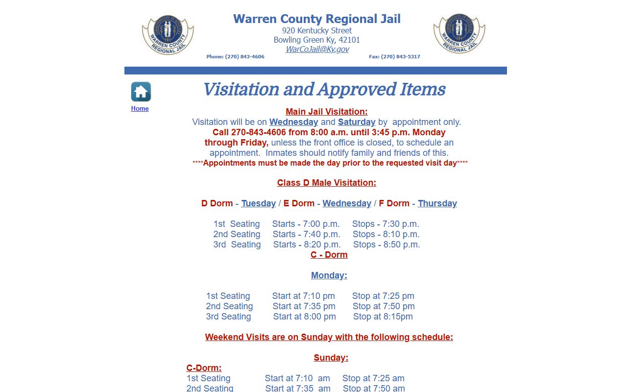 Warren County inmate population visitation mail money rules screenshot